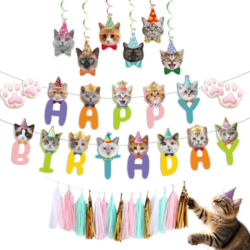Katze Deko Set für Geburtstagsfeier, Katzengeburtstagsdekoration – Katzen-Thema Dekoration – Banner, Tassel Girlande, Spiral-Katzen – Perfekt für Katzenliebhaber – 20 Teile Katze Deko Set für Geburtstagsfeier, Katzengeburtstagsdekoration – Katzen-Thema Dekoration – Banner, Tassel Girlande, Spiral-Katzen – Perfekt für Katzenliebhaber – 20 Teile von TICKLELY