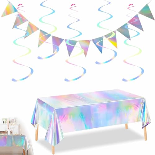 Party Tischdecke – Rainbow Laser Tischdecke mit 12 bunten Spiral-Girlanden und Laser-Flaggen – Glänzende Folie, Wasserdicht, Wiederverwendbar – Perfekt für Geburtstagsfeiern, Hochzeiten und von TICKLELY