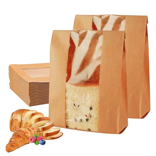 TICKLELY 50 Stück Papiertüten - Qualitäts-Butterbrottüten, Braune Papiertüten - Große und Kleine Brottüten, Kraftpapier-Tüten mit Fenster - Brottüten, Braun von TICKLELY