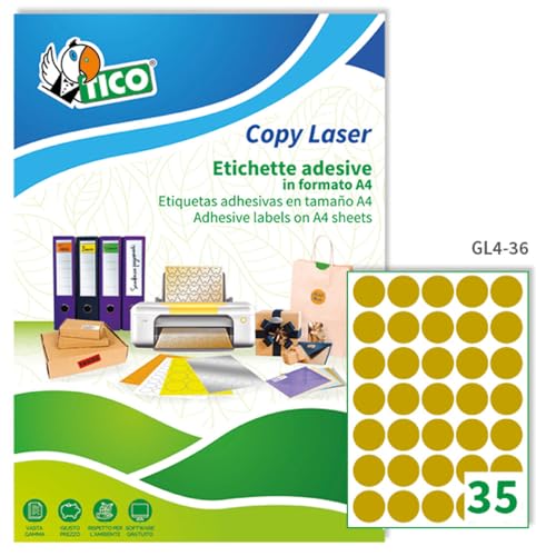 TICO GL4 – 36 Etiketten, 100 Blatt Karton, A4, Durchmesser 36 mm, Gold Satiniert von TICO