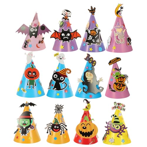 TIDTALEO 12 Stücke Papier Kappe Montage Hut Hüte Kit Cartoon Dekorationen DIY Lustige Spaß Handwerk Halloween Material Party Favor von TIDTALEO