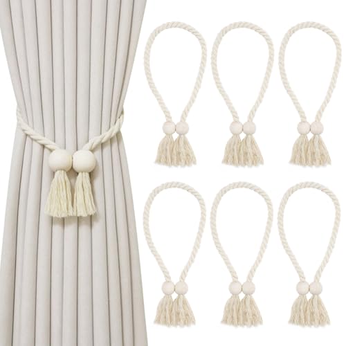 6PCS Magnetische Vorhang Raffhalter, TIE-DailyNec Gardinen Raffhalter für Vorhänge mit Magnet, Vorhang Halter mit Quasten und Holzperlen, Elegantes Vorhanghalter Dekoration (abgerundet) von TIE-DailyNec