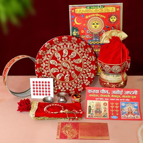 TIED RIBBONS Karwa Chauth Pooja Thali Set for Karwachauth Puja Combo (Puja Thali, Channi, Lota, Bindi, Book, Shagun Envelope with Pooja Accessories) Karva Chauth Gifts Items, D001 von TIED RIBBONS