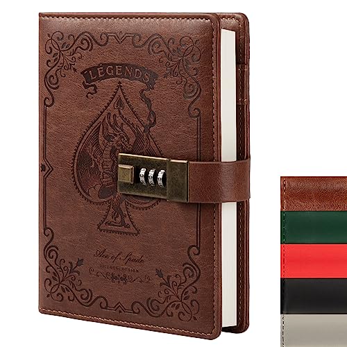 Cuaderno de cuero con cerradura de combinación, diario misterioso con llave para adultos, niños, niñas, niños, hombres, mujeres, contraseñas secretas B6, cuaderno personal recargable (marrón) von TIEFOSSI