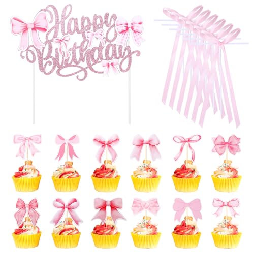 TIESOME 19 Stück Tortenaufsatz Mit Rosa Schleife, Rosa Schleife Tortenaufsatz Mit „Happy Birthday“ Schild Geburtstagsdekoration Für Frauen Partyzubehör Brautparty Abschlussfeier TIESOME 19 Stück Tortenaufsatz Mit Rosa Schleife, Rosa Schleife Tortenaufsatz Mit „Happy Birthday“ Schild Geburtstagsdekoration Für Frauen Partyzubehör Brautparty Abschlussfeier von TIESOME