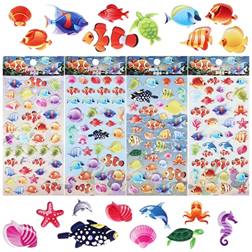 TIESOME 3D Aufkleber für Kinder, 4 Blätter Geschwollen Stickers, Ozean Tier Lebhaft Relief Kinder Sticker Tieraufkleber Tropische Fische Meeresschildkröten Aufkleber für Jungen Mädchen Gastgeschenke von TIESOME
