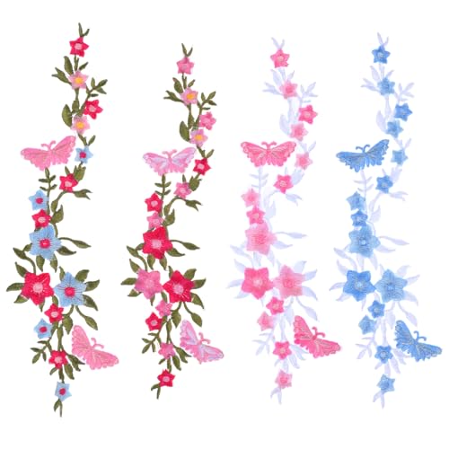 TIESOME 4 Stück 26,9 cm lange Blumen Schmetterling bestickte Flicken lange Blumen Bügelbilder Schmetterling in Blume bestickte Applikationen für DIY Kleidung Jacken Jeans Rucksäcke Hüte von TIESOME