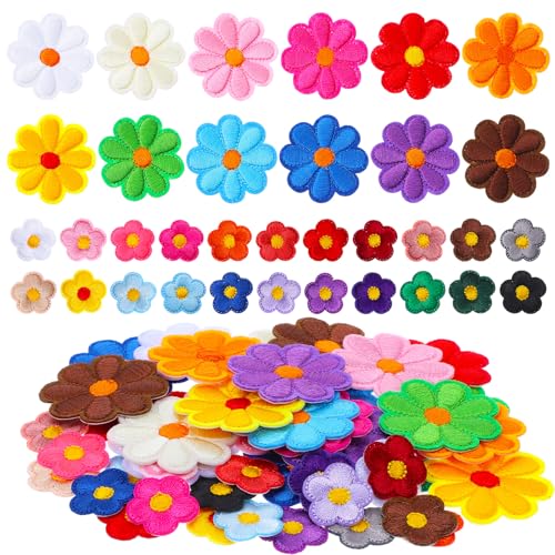 TIESOME 48 Stück 4.2cm Patches zum Aufbügeln, Aufnähern Gänseblümchen Aufnäher Flicken zum Aufbügeln in zwei Größen niedliche Sonnenblumen Stickerei Flicken florale Stickerei Applikation von TIESOME