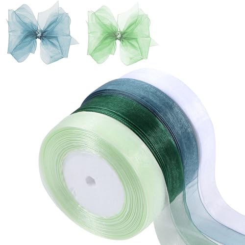 TIESOME 4Rollen Organzaband, 45m Geschenkband Hochzeit, Geschenkband für Weihnachten Transparentes Organza Bänder Chiffonband für Geschenkverpackung Schleifenband für DIY Hochzeiten Weihnachten(grün) von TIESOME