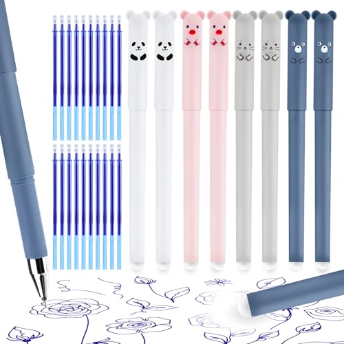 TIESOME 8pcs Radierbarer Kugelschreiber mit 20pcs löschbaren Minen, Cartoon Stift Radierbar, 0,5 mm Tinte Gel Stifte Löschbaren Gelstiften für Kinder Studenten Schule Büro (blaue Tinte + 20 Minen) von TIESOME