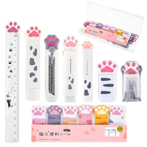 TIESOME 9 teiliges Schreibwaren Set mit niedlichen Katzenpfoten, Cartoon Kawaii Bleistiftspitzer einziehbarer Radiergummi Korrekturband Haftnotizen Lineal Mini Schere Allzweckschneider (weiß) von TIESOME