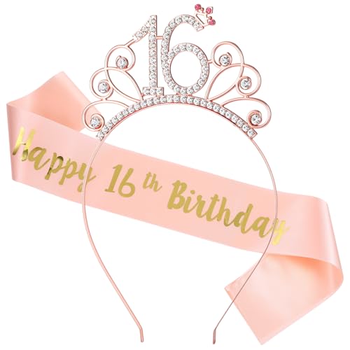 TIESOME Geburtstag Mädchen Krone Schärpe, 12 cm Roségold Strass Tiara 160 x 9,5 cm Rosa Glitter Schärpe Geburtstagskrone Dekorationen für Mädchen Birthday Dekorationen Haarschmuck Party(16) von TIESOME