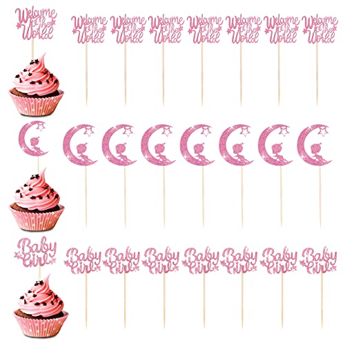 TIESOME Glitter Baby Dusche Cupcake Toppers, 24 Stück Cupcake Picks für Baby Gender Reveal Baby Geburtstag Party Cupcake Dekorationen Zubehör (Mädchen) von TIESOME