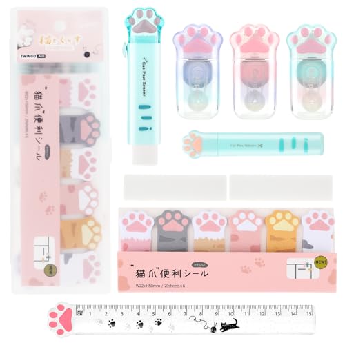 TIESOME 10 teiliges Katzenpfoten Schreibwaren Set mit niedlichen Katzenpfoten, Cartoon Katzen Briefpapier Set Kawaii Katzen Schulbedarf einziehbarer Radiergummi Ersatz Korrekturband(Grün) von TIESOME