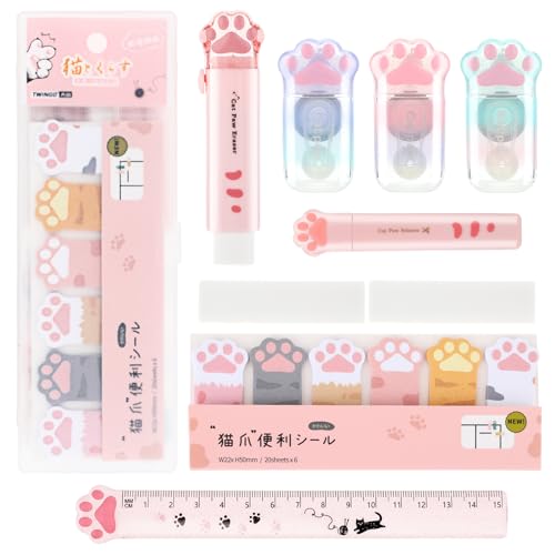 TIESOME Katzenpfoten-10 teiliges Schreibwaren Set mit niedlichen Katzenpfoten, Cartoon Katzen Briefpapier Set Kawaii Katzen Schulbedarf einziehbarer Radiergummi Ersatz Korrekturband(Rosa) von TIESOME