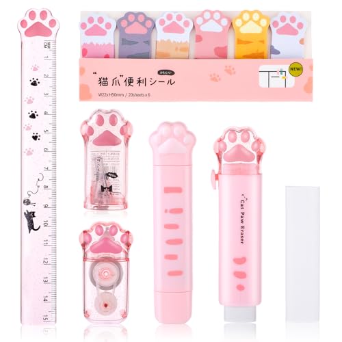 TIESOME Niedliches Katzenpfoten Briefpapier Set, 7 teilig, Kawaii Cartoon Schulbedarf inklusive Spitzer einziehbarer Radiergummi Korrekturband Haftnotizen Lineal Radiergummi Ersatzkern von TIESOME