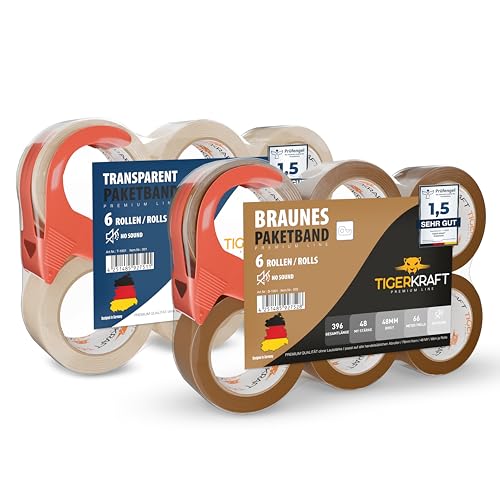 TIGERKRAFT - PAKETKLEBEBAND GERÄUSCHARM INKL ABROLLER - PACKETBAND UV-BESTÄNDIG - KLEBEBAND JE 48MM x 66 METER / 48 MIC - PACKBAND FÜR VERSAND, LAGER HANDWERKEN & BASTELN ZUM VERPACKEN VON PAKETEN von TIGERKRAFT PREMIUM LINE