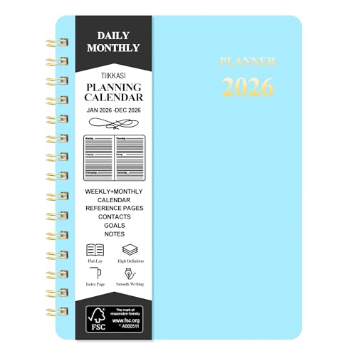 TIIKKASI Kalender 2026, Jahresplaner, Wochenplaner (Januar – Dez), 15,2 x 21,6 cm, Winterferien, 12 Monate, Agenda, Produktivitäts-Notizblock, Spiralbindung, flexibler Kunststoffeinband, Blau von TIIKKASI