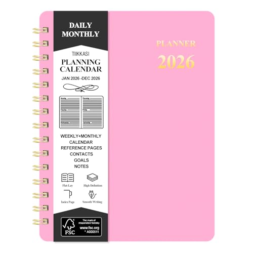 TIIKKASI Kalender 2026, Jahresplaner, Wochenplaner (Januar – Dez), 15,2 x 21,6 cm, Winterferien, 12 Monate, Agenda, Produktivitäts-Notizblock, Spiralbindung, flexibler Kunststoffeinband, Rosa von TIIKKASI