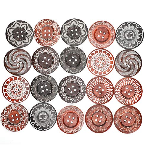 Knöpfe für Handwerk, 20pcs 6 Cm Gemischtes Muster Holznähte Knöpfe für Kleidung 4 Löcher Design mit Vintage -Druck für Pullover, Manteldekor und DIY -Basteln von TIKATARER
