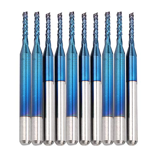 TIKATARER Hartmetall-Fräser-Schneidwerk-Set, 10 Stück Cnc-Router-Bits Set Blauer Mais-Endmühlen-Gravur-Bits 3,175mm Schaft, 1,5-1,9mm Blatt-PCB-CNC-Fräser Fräser für Holz-Kunststoff-Metall (1.5mm) von TIKATARER