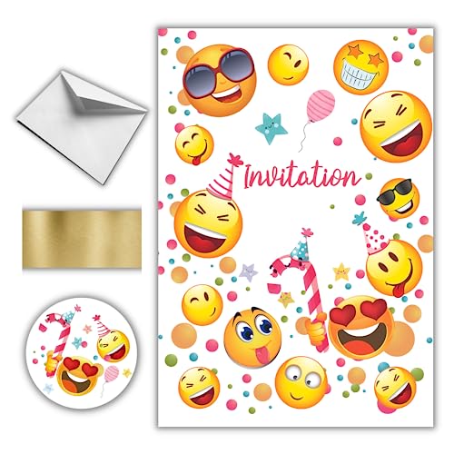 TILOVY 10 Einladungskarten Geburtstag Jungen und Mädchen auf Französisch zum Rubbeln – Emojis – bunte Einladung für eine Geburtstagsparty Kinder lustig – Unisex Mädchen oder Jungen von TILOVY