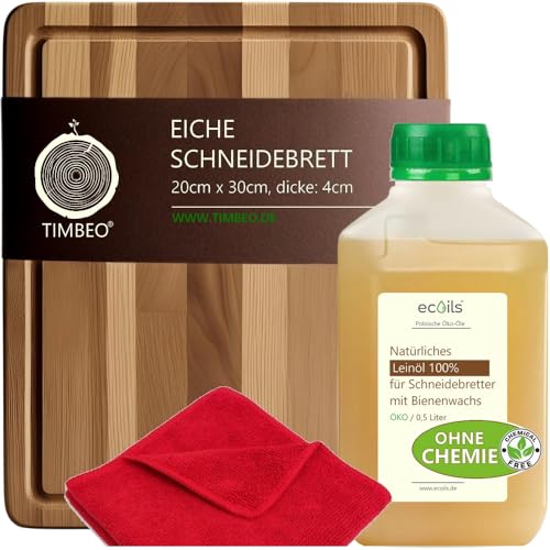 TIMBEO Schneidebrett aus Holz EICHE | im Set: 100% Natürliches Leinöl für Schneidebretter | Massivholz 30x20cm, Dicke 4cm | Extra Langlebig & Stabil, 2kg | Holzschneidebrett aus Polen, nicht aus China von TIMBEO