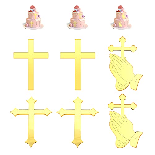 6 Stück Kreuz-Kuchenaufsätze, goldenes Spiegelkreuz, Gebetskreuz, Cupcake-Zubehör, Acryl-Dekoration, für Kindertaufe, Feier-Dekoration, Mottoparty von TIMJJG