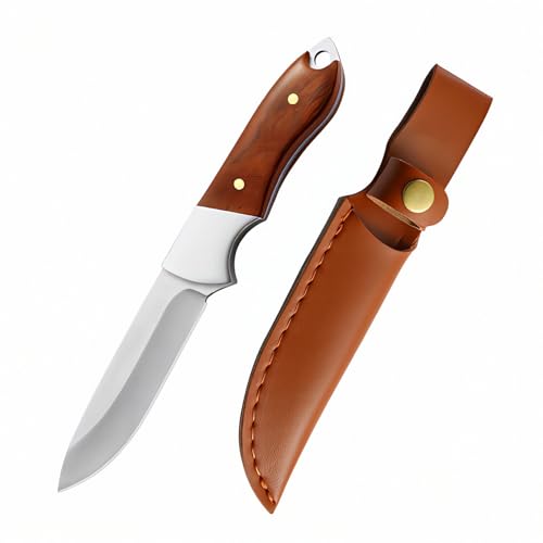 TIMKOSS Gürtelmesser Outdoor Camping Überlebensmesser Jagdmesser für Bushcraft Feststehende Klinge Full Tang Taschenmesser Scharfes Angeln mit Holster, Kleines EDC Messer Holzgriff (Rot F2) von TIMKOSS