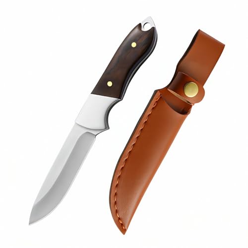 TIMKOSS Gürtelmesser Outdoor Camping Überlebensmesser Jagdmesser für Bushcraft Feststehende Klinge Full Tang Taschenmesser Scharfes Angeln mit Holster, Kleines EDC Messer Holzgriff (Schwarz F1) von TIMKOSS