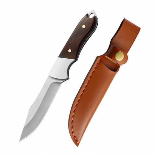 TIMKOSS Gürtelmesser Outdoor Camping Überlebensmesser Jagdmesser für Bushcraft Feststehende Klinge Full Tang Taschenmesser Scharfes Angeln mit Holster, Kleines EDC Messer Holzgriff (Schwarz F3) von TIMKOSS