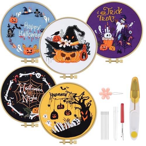 TINDTOP Halloween-Stickset für Erwachsene, 5 Stück, Stickerei-Starter-Set, mit geprägten Mustern, Reifen, Werkzeugen, bunten Fäden mit Nadeln, Anleitung (evtl. nicht in deutscher Sprache) von TINDTOP
