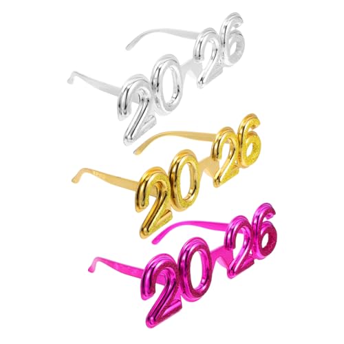 TINEASUR 3-teilige Neujahrsbrillen: 2026, Kunststoff, Silvesterbrille, Urlaubsbrille, Neuartige Sonnenbrille, Fotoautomaten-requisiten, Partygeschenke, Dekorationen von TINEASUR