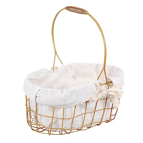 TINEASUR Goldener Metall Blumenkorb Tragbarer Aufbewahrungskorb Für Obst Vielseitiger Handkorb Für Zuhause Und Ladendekoration Ovaler Korb Aus Sicherem Metall Und Stoff von TINEASUR