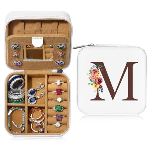 TINGN Kleine Schmuckschatulle mit Anfangsbuchstaben M und Blume Initiale Schmuckkästchen Travel Organizer Box Geschenke für Damen Mädchen Geschenke für Weihnachten Geburtstage Hochzeit von TINGN