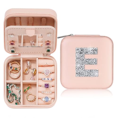 TINGN Geschenk für Frauen - Initiale Schmuckkästchen mit Zirkon und E Kleine Schmuckkästchen Reise Schmuckschatulle mit Spiegel für Damen Mädchen von TINGN