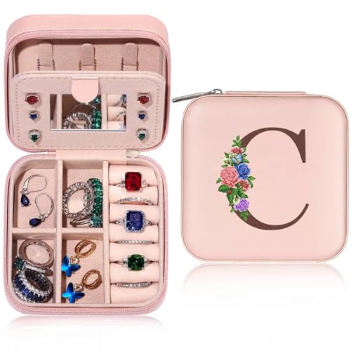 TINGN Initiale Schmuckschatulle Damen mit C und Blume Reise Schmuckkästchen Kleine Personalisierte Schmuckkästchen für Damen Mädchen Geschenk für Geburtstage Muttertag Hochzeit von TINGN