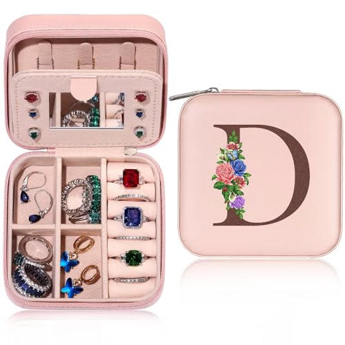 TINGN Kleine Schmuckschatulle mit Anfangsbuchstaben D und Blume Initiale Schmuckkästchen Travel Organizer Box Geschenke für Damen Mädchen Geschenke für Weihnachten Geburtstage Hochzeit Brautjungfer von TINGN