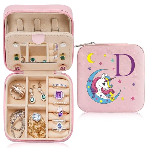 TINGN Kleine Schmuckschatulle mit Anfangsbuchstaben D und Einhorn Initiale Schmuckkästchen Travel Organizer Box Geschenke für Damen Mädchen Geschenke für Weihnachten Geburtstage Hochzeit Brautjungfer von TINGN