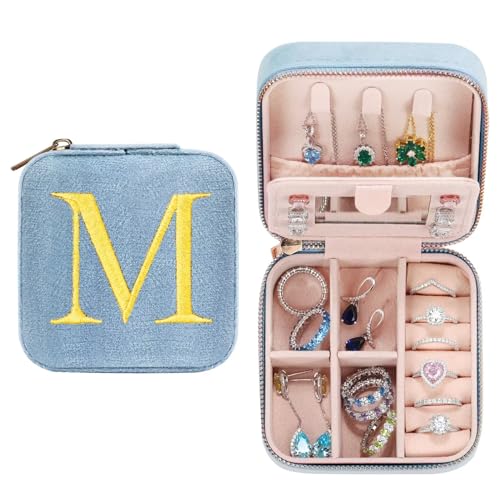 TINGN Kleine Schmuckschatulle mit Anfangsbuchstaben M und Blume Initiale Schmuckkästchen Travel Organizer Box Geschenke für Damen Mädchen Geschenke für Weihnachten Geburtstage Hochzeit Brautjungfer von TINGN
