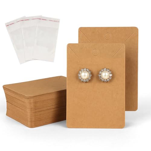 100 Stück Ohrringkarten Kraftpapier mit 100 Stück Verpackungsbeutel, Schmuck-Display-Karten, Anhänger für Ohrringe, Halsketten, DIY, Handwerk, Einzelhandel (Kaki) von TINGSING