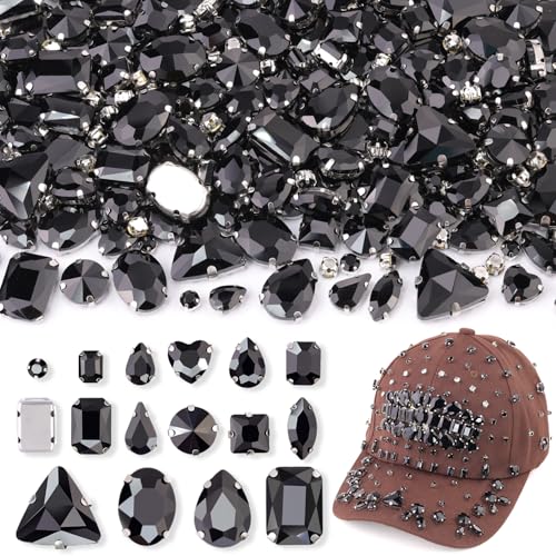 120 Stück schwarze Strasssteine zum Aufnähen, gemischte Formen, flache Rückseite, Glas-Strass mit Metallbasis zum Basteln, große Edelsteine für Kleidung, Schuhe, Hüte, Kragen, Taschen und Nähzubehör von TINKRSTUFF