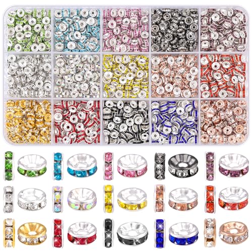 1200 Stück 6 mm Abstandshalter-Perlen zum Basteln, 15 Farben, Rondelle-Abstandshalter-Box, ausgefallene funkelnde Kristall-Strass, lose Perlen für Halsketten, Armbänder, Ohrringe, Schmuckherstellung von TINKRSTUFF