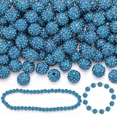 200 Stück 10 mm blaue Zirkon-Strassperlen für Schmuckherstellung, glitzernde runde Discokugeln, glänzende Kristall-Ton-Perlen für Weihnachten, Armband, Baseball-Halskette, Ohrringe, Basteln und von TINKRSTUFF