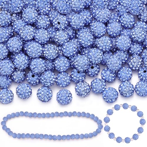 200 Stück 10 mm hellblaue Strassperlen zur Schmuckherstellung, glitzernde runde Discokugeln, glänzende Kristall-Ton-Perlen für Weihnachtsarmband, Baseball-Halskette, Ohrringe, Basteln und von TINKRSTUFF