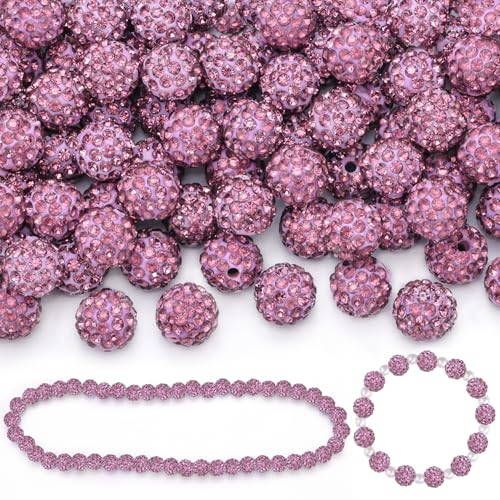 200 Stück 10 mm hellviolette Strassperlen zur Schmuckherstellung, glitzernde runde Discokugeln, glänzende Kristall-Ton-Perlen für Weihnachtsarmband, Baseball-Halskette, Ohrringe, Basteln und von TINKRSTUFF