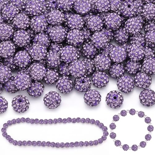 200 Stück 10 mm violette Strassperlen zur Schmuckherstellung, glitzernde runde Discokugeln, glänzende Kristall-Ton-Perlen für Weihnachtsarmband, Baseball-Halskette, Ohrringe, Basteln und von TINKRSTUFF
