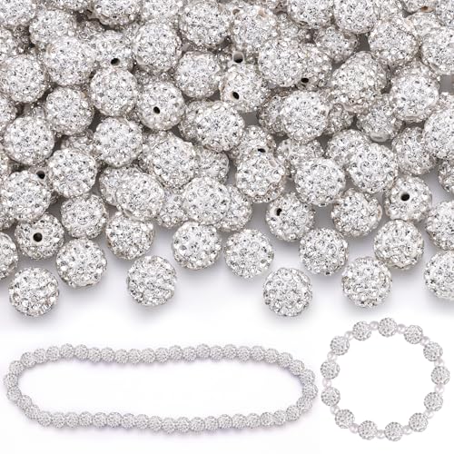 200 Stück 10 mm weiße Strassperlen zur Schmuckherstellung, glitzernde runde Discokugeln, glänzende Kristall-Ton-Perlen für Weihnachtsarmband, Baseball-Halskette, Ohrringe, Basteln und Bastelarbeiten von TINKRSTUFF