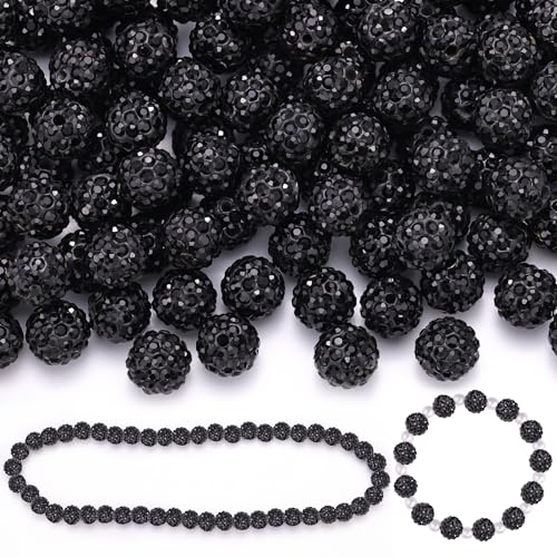 200 schwarze Strassperlen für Schmuckherstellung, glitzernde runde Discokugeln, glänzende Kristall-Ton-Perlen für Weihnachtsarmband, Baseball-Halskette, Ohrringe, Basteln und Bastelarbeiten, 10 mm von TINKRSTUFF