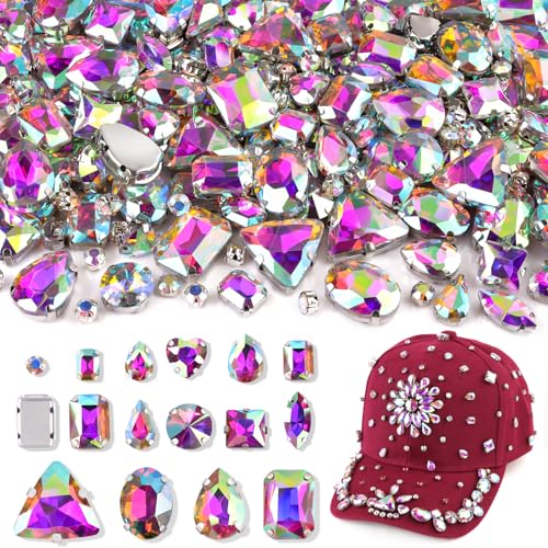 AB Bedazzling Strasssteine zum Aufnähen, gemischte Formen, flache Rückseite, Glas-Strass mit Metallbasis zum Basteln, große Edelsteine für Kleidung, Schuhe, Hüte, Kragen, Taschen und Nähzubehör von TINKRSTUFF